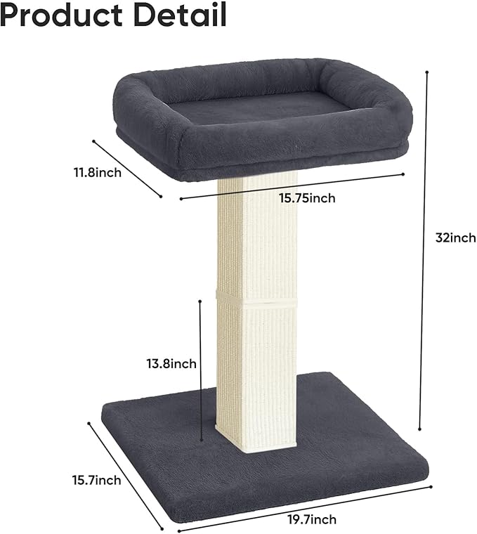 AGYM Cat Scratching Post, 32”Cat Scratcher with Large Plush Perch, Sisal & Carpet Scratching Post, Vertical Posts with Elevated Bed for Indoor Cats, Removable& Washable Cover, Darkgrey