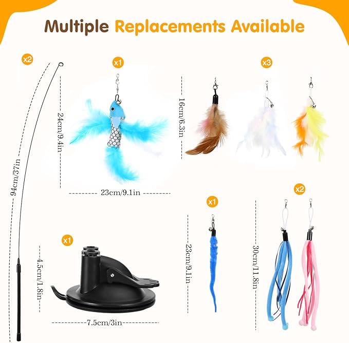 Pawaboo Cat Feather Toys, Interactive Cat Wand Toy with 2-Slot Super Suction Cup, Detachable 2 PCS Spring Cat Wand & 7 PCS Cat Teaser Replacement with Bells, Funny Kitty Toys for Indoor Kittens Play