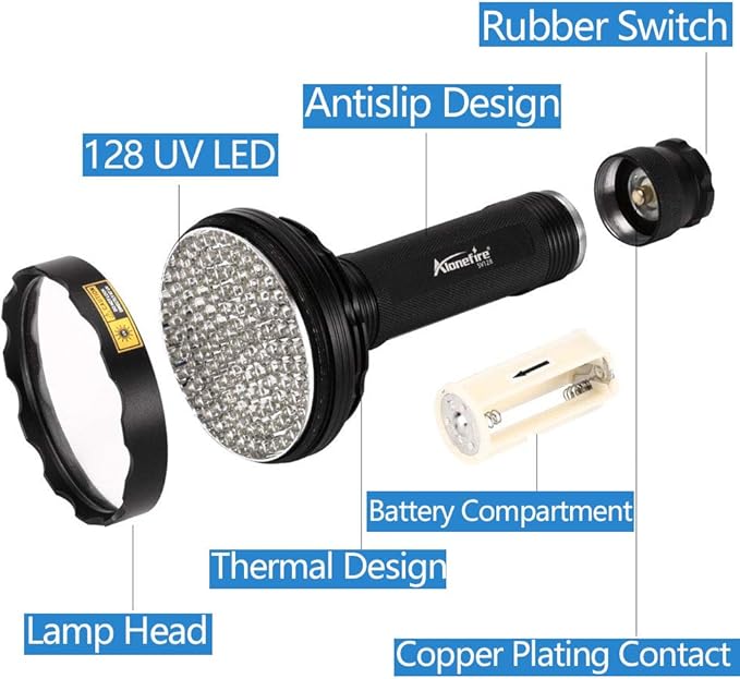 Alonefire SV128 395nm UV Flashlight 128 LEDs Woods Lamp Ultraviolet Black Light for Pet Urine Detection, Scorpion Detection, Dry Stain, Bedroom, Fishing with UV Protective Glasses, 6PCS AA Battery