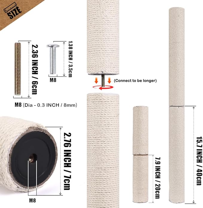 OSPNIEEK 4 PCS M8 Cat Scratching Post Replacement, 15.7“ 7.9" Natural Sisal Rope Kitten Tree Scratcher Refill with Screws, DIY Hemp Scratch Pole Parts for Indoor Cats Tower Refurbishment Accessories