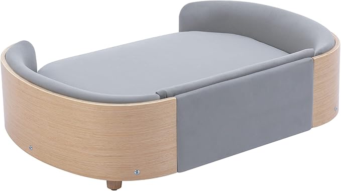 HomSof 38.58" Scandinavian Style Elevated Dog Cat Bed Pet Sofa with Solid Wood Legs and Bent Wood Back with Velvet Cushion,Large Size，Light Grey