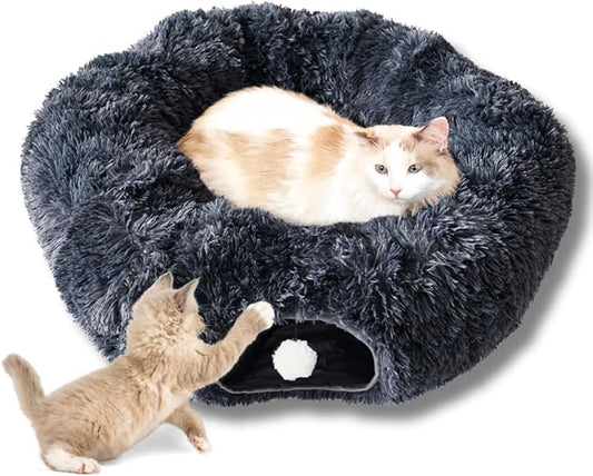 Cat Tunnels for Indoor Cats Large – Fluffy Donut Tunnel Bed with Soft Mat & Plush Toy – Peekaboo Cat Cave Bed for Napping & Play – Dark Gray, The Cat Park