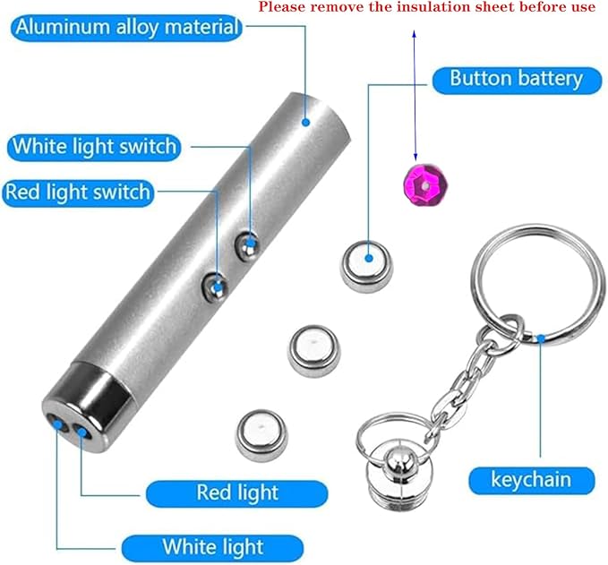 6PCS Cat Toy Mini Red Laser Pointer Cat Dog Interactive Training Tools White LED Torch Light with Keychain