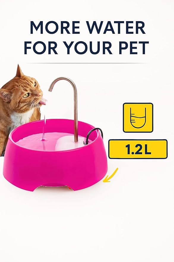 Aqua MINI Portable Pet Water Fountain - Automatic Drinking Bowl for Cats and Dogs - Stainless Steel Faucet - Replaceable Filters - Easy Cleaning - Ideal for Multiple Pets - 1.2L/42 fl oz - Pink