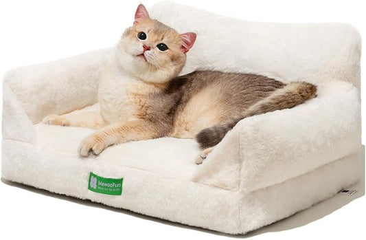 MEWOOFUN Cat Bed for Indoor Cats, Fluffy Cat Sofa with Removable Washable Cover, Cute Cat Couch with Non-Slip Bottom (White, 22x15x10)