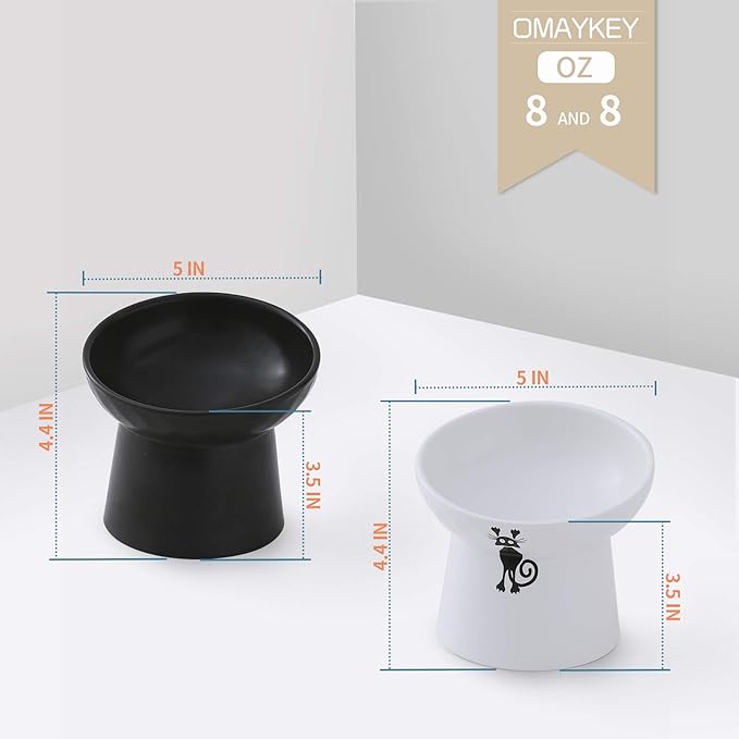 OMAYKEY Ceramic Raised Cat Bowls, Tilted Elevated Cat Food and Water Bowl Set, Porcelain Stress Free Pet Feeder Dish for Cats and Small Dogs, Dishwasher and Microwave Safe - Set of 2, White & Black