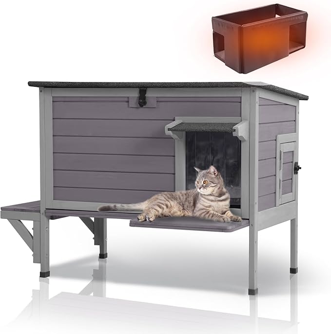 GUTINNEEN Outdoor Cat House Insulated, Weatherproof Feral Cat Shelter with Insulation Liner for Winter, Wooden Elevated Cat Condo for 1-3 Cats, 33.5" L x 21.7" W x 27.2" H (Grey)