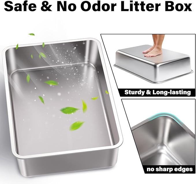 Stainless Steel Litter Box 2 Pack,XL Metal Litter Box for Cat,Easy Clean Non Stick No Smell Metal Litterbox for Kitty/Multi-Cats