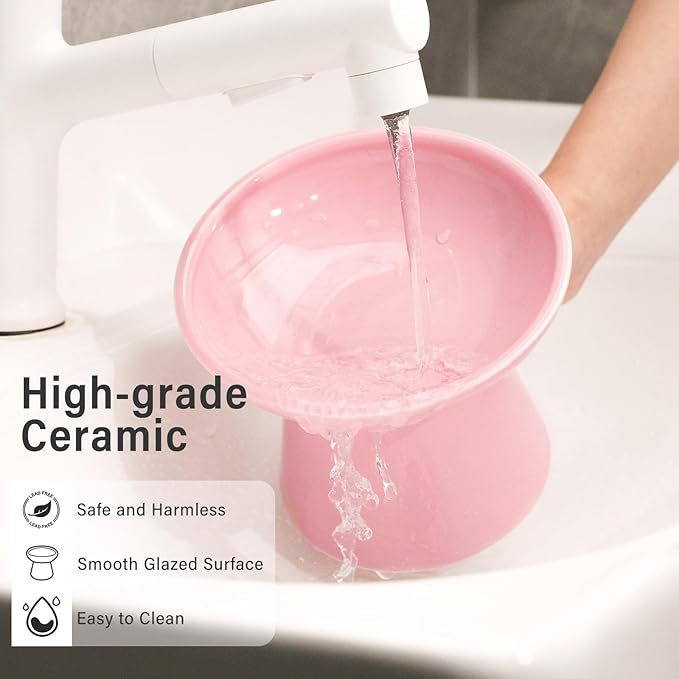 Extra Wide Elevated Ceramic Cat Water Bowl - 6.2" Deeper Dish for Whisker Fatigue Relief, 5" Height for Easy Feeding, Lead & Cadmium Free, Durable Raised Cat Bowls, Pink