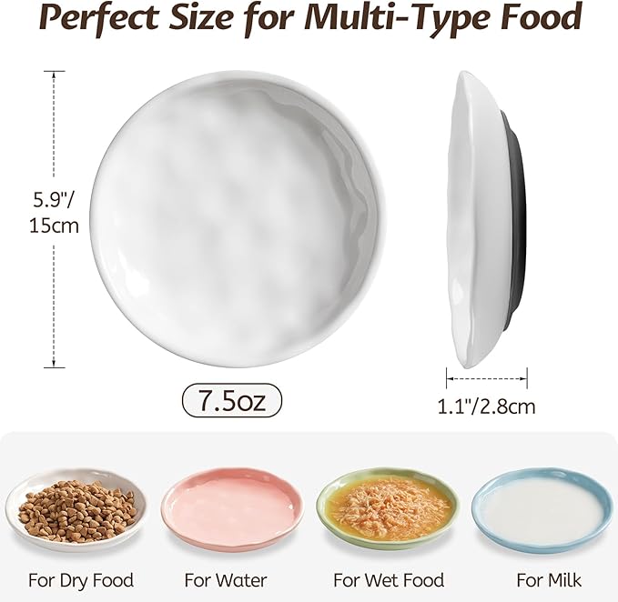 Non-Slip Cat Food Bowl,Healthy Ceramic Cats Bowls with Silicone Bottom, Anti-Whisker Fatigue Cat Dishes Set, Shallow & Wide Kitten Plates for Food and Water, 4 Pack