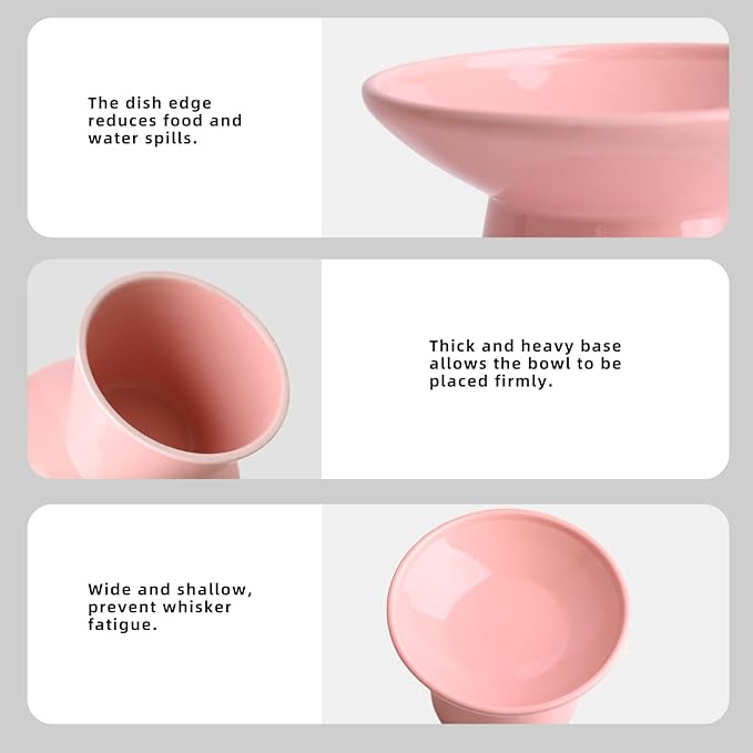 6.2 Inch Extra Wide Elevated Ceramic Cat Bowls, Food and Water Bowl Set for Elder Big Cats Small Dogs, Raised Design for Pet Easy Eating, Protect Cat's Spine Set of 2(Pink)