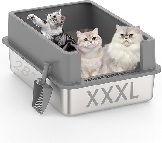 XXXL Stainless Steel Litter Box for Cats, 28''x20''x12'' Extra Large Metal Litter Box with High Sided Lid, for Big Cats, Multi-Cat Household, Non-Sticky & Easy to Clean