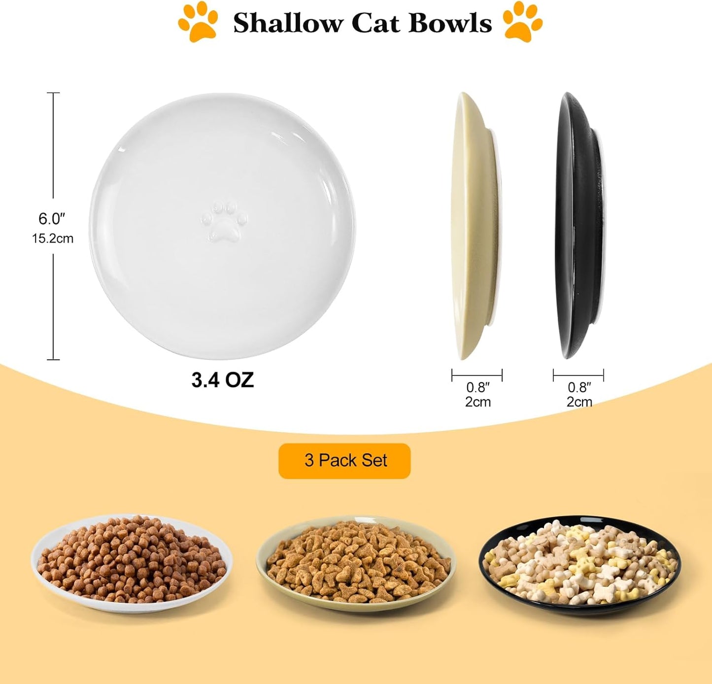 3PCS Cat Food Bowl,Ceramic Cat Dish for Indoor Cats,Wide Shallow Cat Bowls for Dry and Wet Food,Anti Whisker Fatigue Cat Plates for Kitten Cats or Dogs