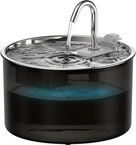 Cat Water Fountain Stainless Steel Lid, 3L/101oz Pet Water Fountain, Dog Waterer with Quiet Pump and 4-Layer Filtration