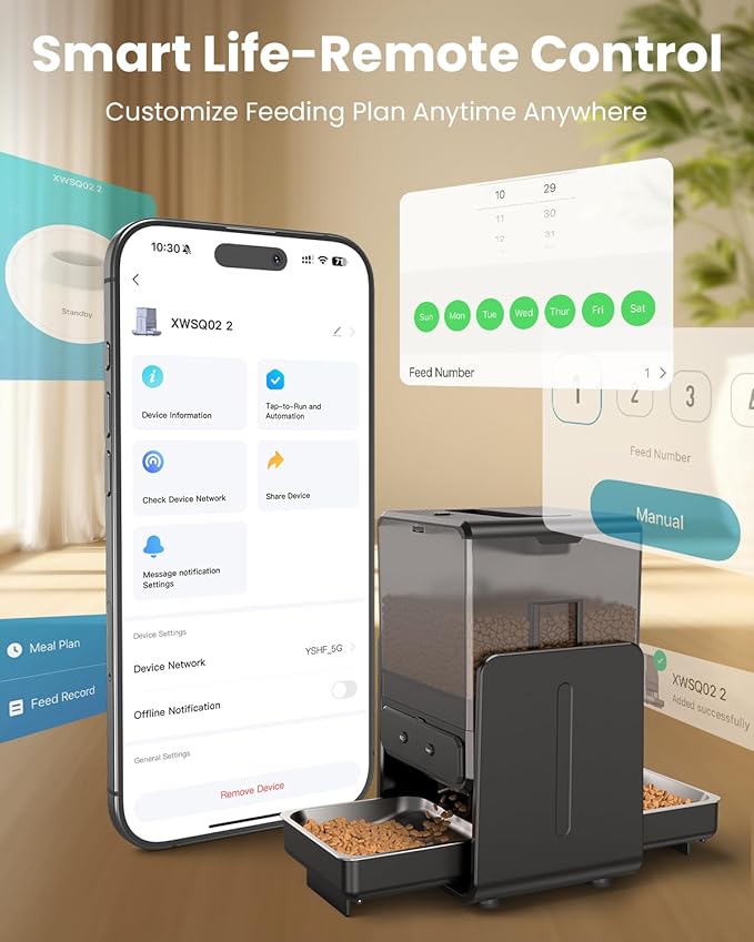 Automatic Cat Feeder with 5G WiFi for 2 Cats, Adjustable Height for Small Pets, Dual Bowls, 20 Cups/5L Dry Food Auto Pet Dispenser, Voice Record, Timed Cat Feeder with APP Control