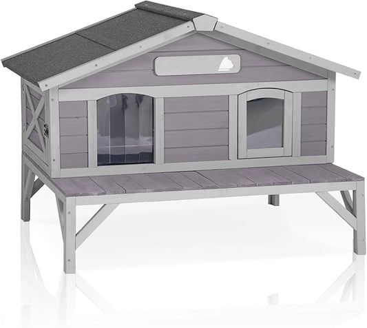 GUTINNEEN Outdoor Cat House Outside Feral Cat Shelter Weatherproof with Large Porch, Escape Door and Name Plate 43.5" L