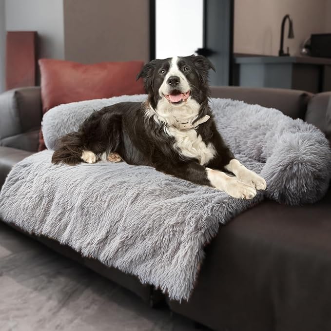 Calming Dogs/Cats Bed Mats, Dog Pad Washable Removable Couch Cover, Plush Long Fur Mat for Pets, Waterproof Lining, Perfect for Small, Medium and Large Dogs and Cats (Light Gray, 53"x39")