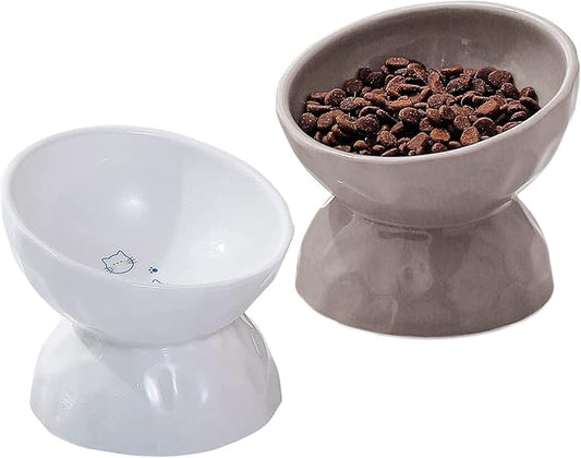 OMAYKEY Ceramic Raised Cat Bowls, Tilted Elevated Cat Food and Water Bowl Set, Porcelain Stress Free Pet Feeder Dish for Cats and Small Dogs, Dishwasher and Microwave Safe, White & Grey, Set of 2
