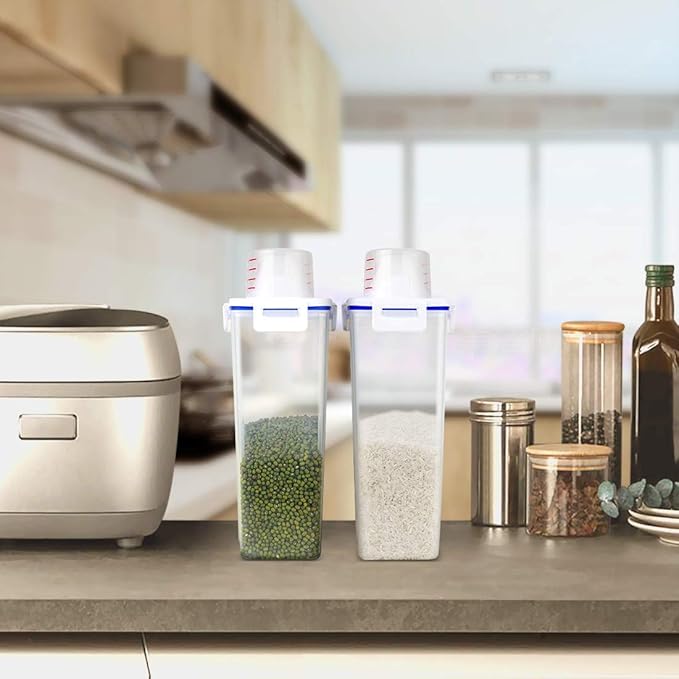 Rice Airtight Dry Food Storage Containers, BPA Free Plastic Sealed Holder Bin Dispenser with Pouring Spout, Measuring Cup for Cereal, Flour and Oatmeal, Include a Stainless Steel Whisk