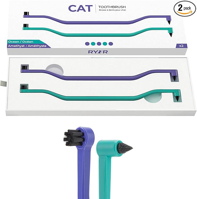 RYERCAT Set of 2 Dual Sided Cat Toothbrush - Kitten Toothbrush with Micro Head to fit into Cat/Kittens Mouth - Cat Dental Care Supplies - Pet Toothbrush for Cats(Amethyst Purple & Ocean Blue)