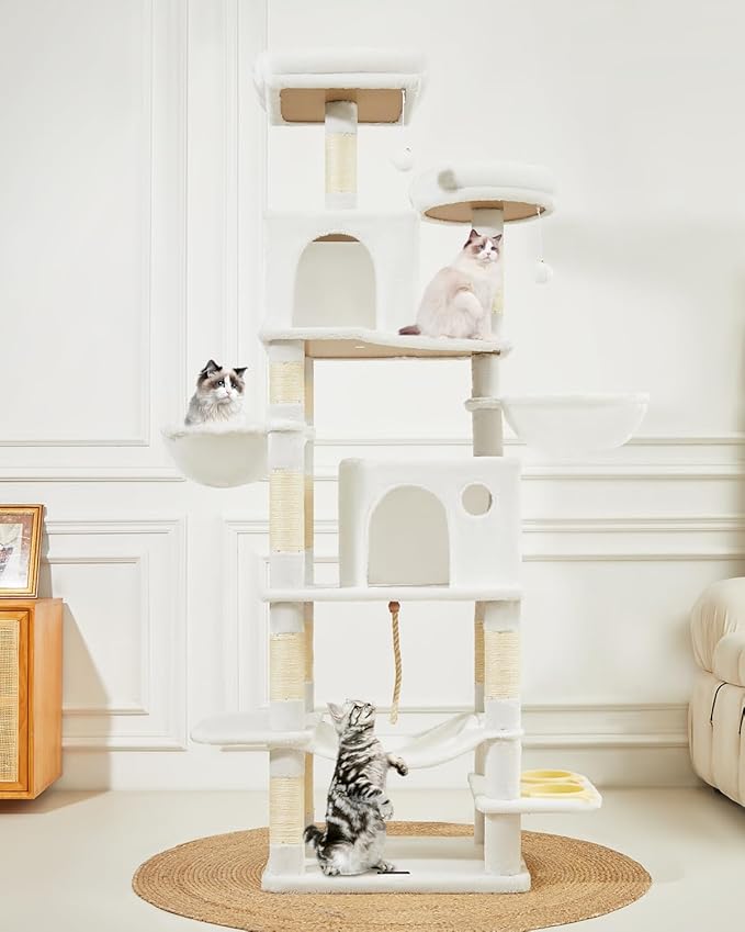 Taoqimiao 76-Inch Cat Tree Cat Tower for Indoor Cats, Plush Multi-Level Cat Condo with 12 Scratching Posts, 2 Perches, 2 Caves, Hammock, 2 Pompoms MS016C Cream White