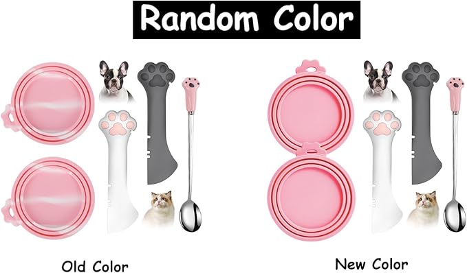 Comtim 5 PCS Pet Food Can Lids & Spoons Set - Silicone Dog Cat Covers With Multi-Function Spatula Opener for Wet Food - Long Handle Easy to Scoop