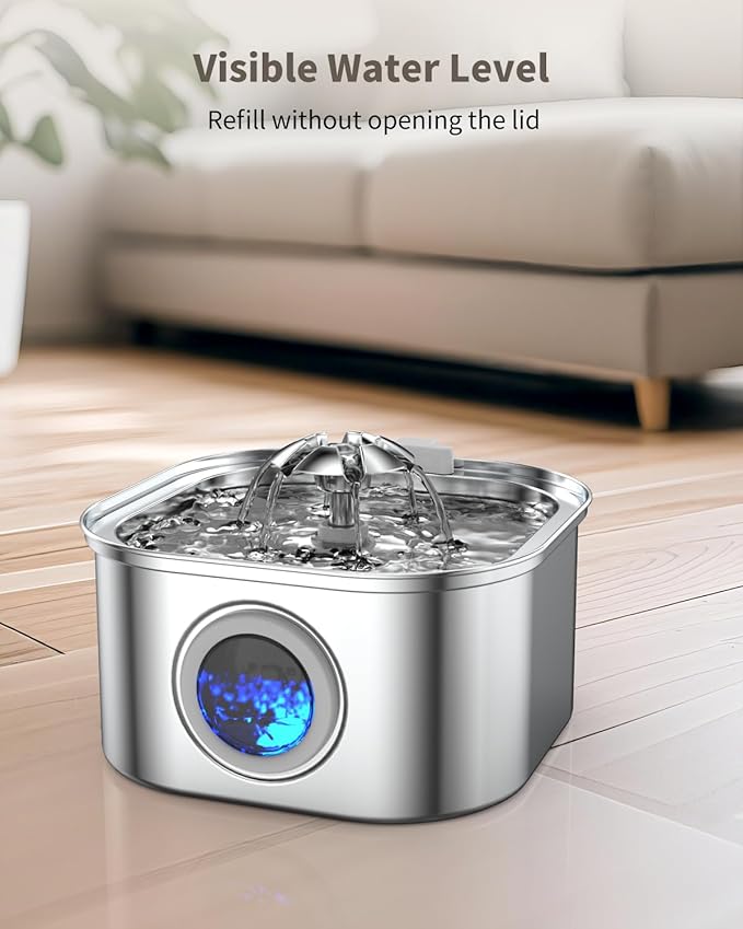 Cat Water Fountain Stainless Steel, 3.2L/108oz Cat Fountain with Water Level Indicator, Pet Water Dispenser with Quiet Pump Ideal for Cats, Dogs and Multi-pet households