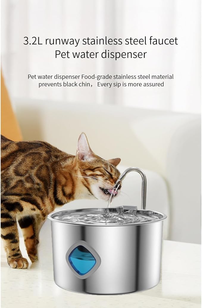 Cat Water Fountain Stainless Steel: 108oz/3.2L Water Fountains for Cats Indoor, Cat Water Fountain, Ultra Quiet, Water Level Window（2. Filter Filter Cotton）