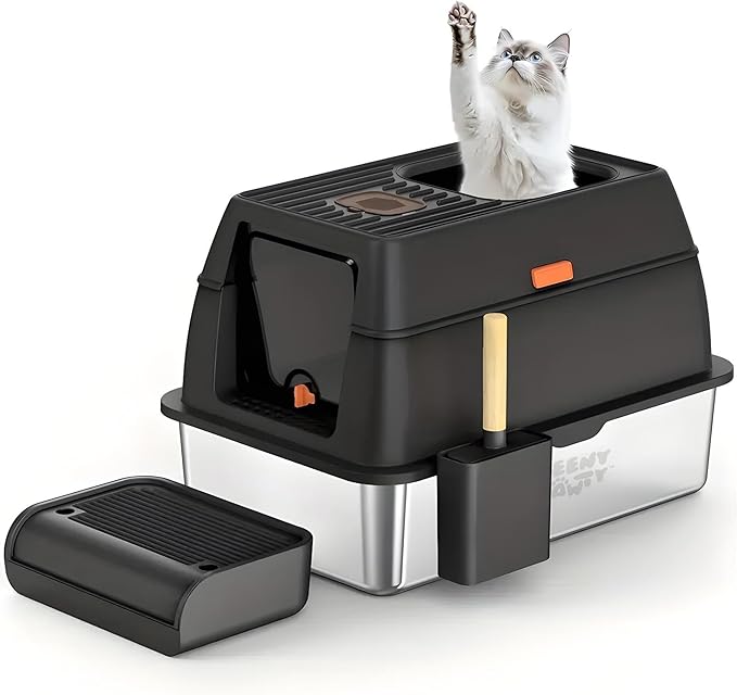 XL Stainless Steel Cat Litter Box with Enclosure and Pooper Scooper - Durable Black Metal Litter Box for Big Cats, High Sides for Anti-Leakage, Never Absorbs Odors, Non-Sticky - (60x40cm) (Black)