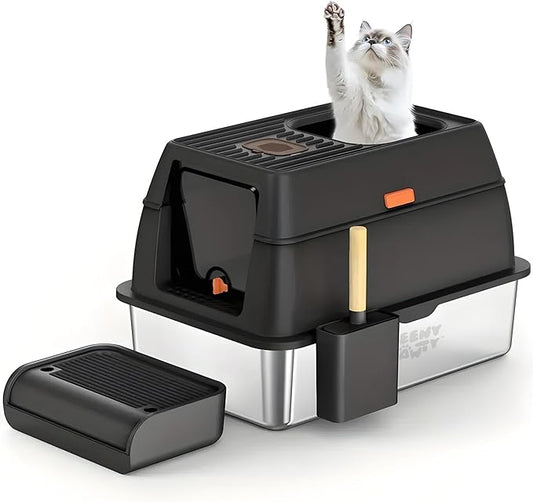 XL Stainless Steel Cat Litter Box with Enclosure and Pooper Scooper - Durable Black Metal Litter Box for Big Cats, High Sides for Anti-Leakage, Never Absorbs Odors, Non-Sticky - (60x40cm) (Black)