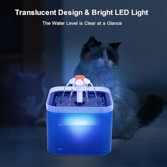 Cat Water Fountain, 67oz/2L Automatic Cat Drinking Fountain, Pet Water Dispenser with LED Light and Filter for Cats and Small Dogs (Blue)