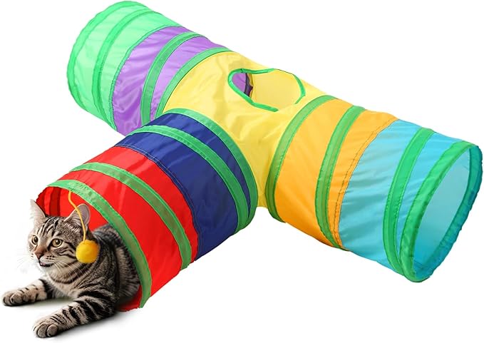 ‌Coolcandy Cat Tunnel & Interactive Cat Toy Indoor, T-Shape 3-Way Tunnel Toys for Indoor Cats, Collapsible Interactive Peekaboo Cave with Play Ball, for Multi-Way Play & Small Animals