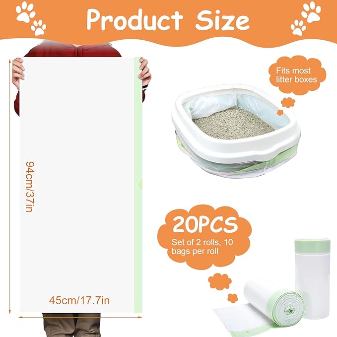 Cat Litter Box Liners 20 Count - Jumbo 37"x18" Extra Thick Drawstring Cat Litter Bags - Heavy Duty Leak-Proof Liners for Litter Robot 3/4 & Standard Boxes - Odor Control Waste Bags for Pets