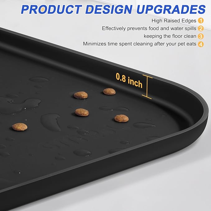 Silicone Pet Feeding Mat with Raised Edge for Food and Water, Dog Bowl Mats, Cat Bowls Placemat with High Lip for Floor Waterproof, Rubber Tray for Cats and Dogs 24 x 16 x0.8 Black