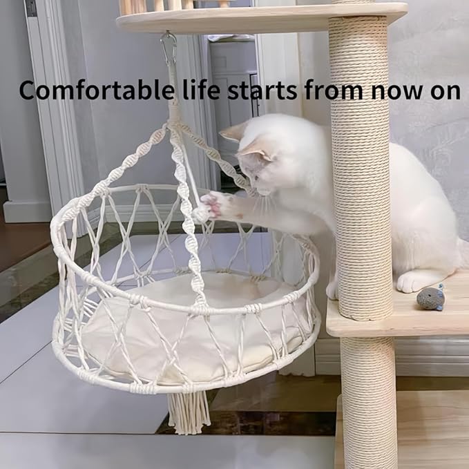 Cat Hammock, Handwoven Hanging Boho Cat Bed for Indoor Outdoor Home Decor for Playing Sleeping Climbing and Lounging with Cushion, Suitable for Cats or Small Dogs Up to 8.8 Lbs