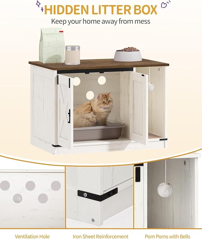 Cat Litter Box Enclosure, Hidden Litter Box Cabinet Furniture with Bell, Indoor Cat House, Farmhouse Style, 31.5 x 19.7 x 20.9Inches, for Hallway, Bedroom, Rustic Brown and White CB82414X