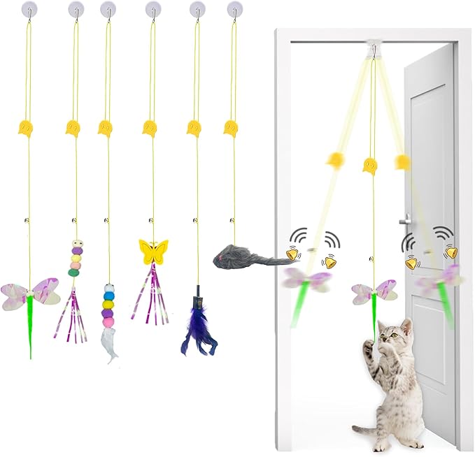 Cat Toys Indoor Hanging Door Retractable Bird Cat Toy for Kitten Fun Exercise Interactive String Feather Cat Toys for Hunting Chase (6 Pack)