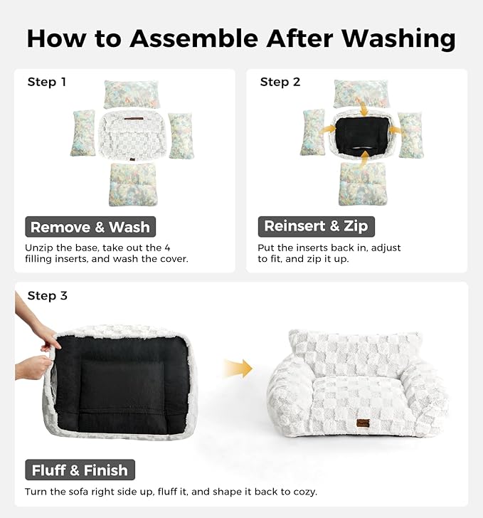 Made4Pets Cat Couch Bed, Soft Faux Fur Checkered Pet Sofa, Calming Fluffy Cat Sofa with Supportive Foam, Removable Washable Cover with Non-Slip Base, Pink, Small