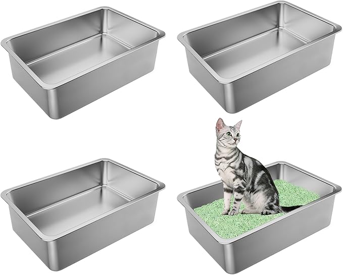 Stainless Steel Litter Box, 4 Pack Metal Cat Litter Pan with 6" High Sides, 19.6"x13.7" Large Cat Litter Box for Big and Small Cats, Easy to Clean, No Smell, Anti-Urine Leakage