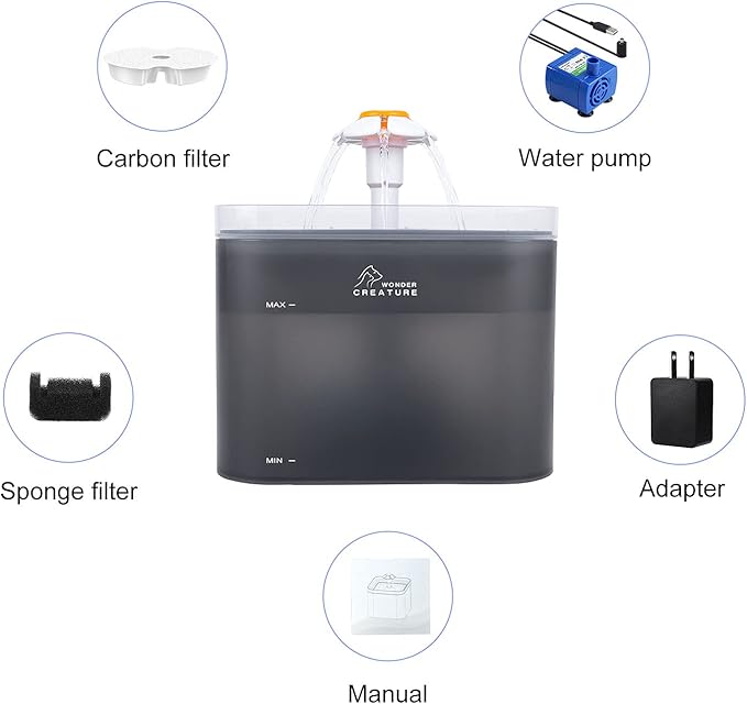 Cat Water Fountain, 67oz/2L Automatic Cat Drinking Fountain, Pet Water Fountain with LED Light and Filter for Cats and Small Dogs (Grey)