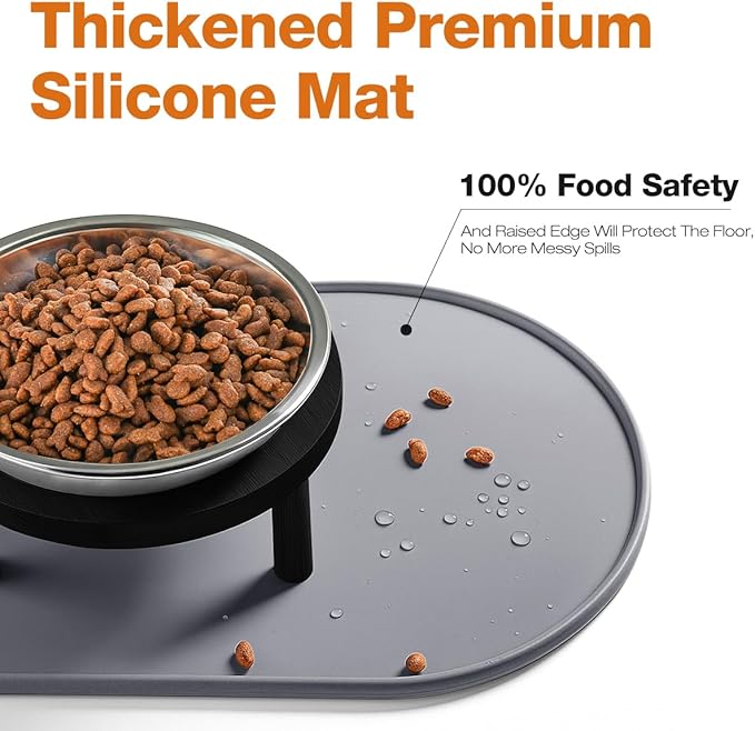 Elevated Cat Bowls with Food Mat,6.3 Inches Shallow Raised Bowls Whisker Friendly,2 Stainless Steel Cat Food and Water Dishes for Cats and Puppies,Dishwasher Safe(Black)