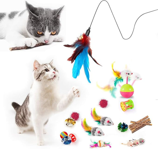 MIBOTE 28Pcs Cat Toys Kitten Toys Assorted, Cat Tunnel Catnip Fish Feather Teaser Wand Fish Fluffy Mouse Mice Balls and Bells Toys for Indoor Cat Puppy Kitty Interactive Cat Toy Set