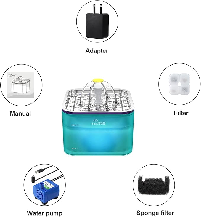 Crystal Cat Water Fountain Stainless Steel, 101oz/3L Pet Fountain with LED Light for Cats and Dogs (Green)