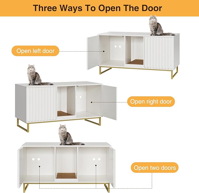 Cat Litter Box Enclosure for 2 Cats, 47.6’’ Litter Box Furniture Hidden with Scratch Pad, Double Room Large Cat Cabinet, Indoor Pet House TV Stand Side Table,Cats Washroom, White