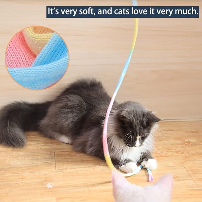 LASOCUHOO Interactive Cat Rainbow Wand Toys, Interactive Cat Teaser Wand String, Colorful Ribbon Charmer for Most Cats and Kittens - 2 Packs
