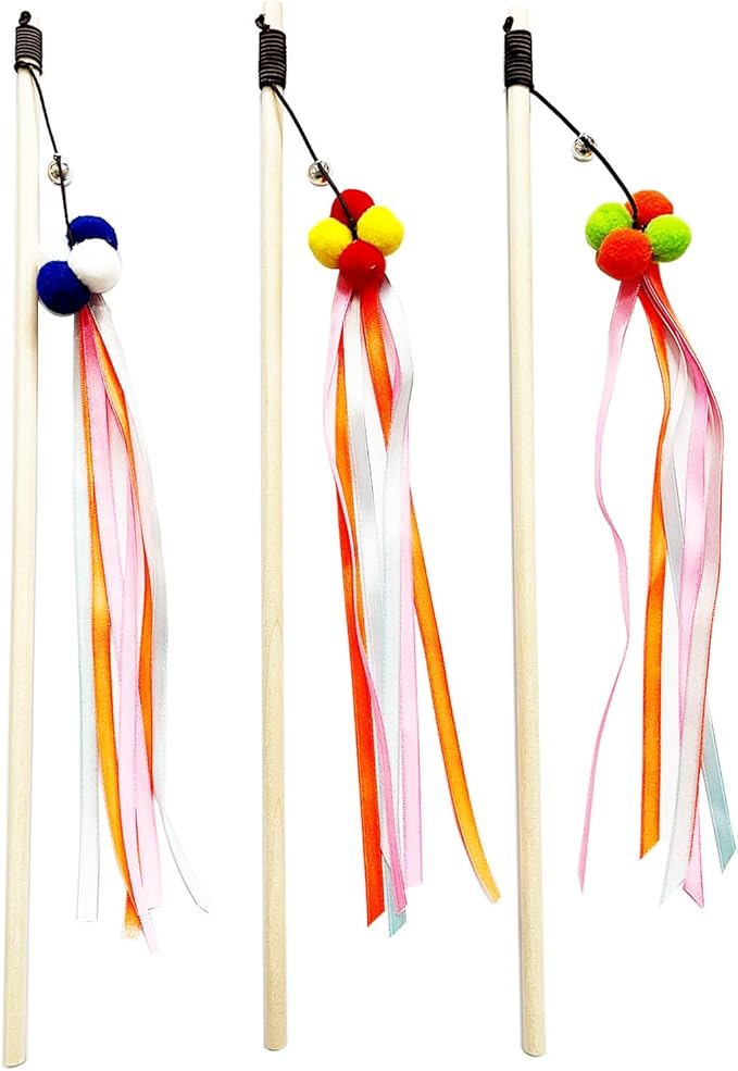 IUHKBH Cat Wand, 3 PCS Interactive Kitten Toys Wooden Handle Kitten Teaser Toys with Bell, Ribbon and Pom Poms Sturdy Cat Sticks