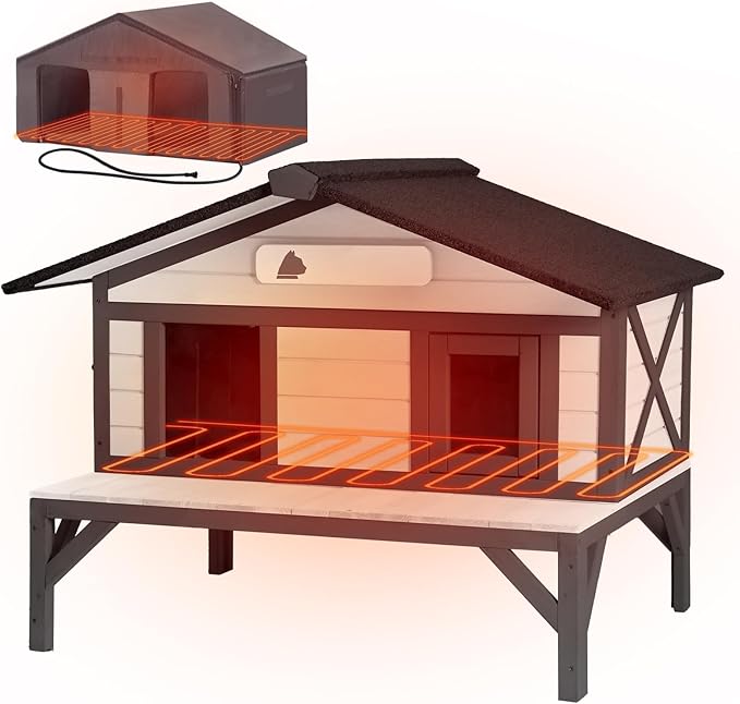 Heated Insulated Cat House Outdoor, Weatherproof Feral Cat House for Outside, Kitty Shelter with Heating Pad for Winter (Black & White,35.4" D x 31.7" W x 30.4" H)