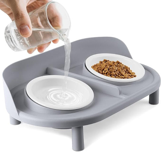 Elevated Cat Bowls, Tilted Rised Cat Food and Water Bowl with 2 Pcs Ceramic Pet Bowls, Rised Stand, Pet Dish Anti Vomiting Feeding Station for All Sized Cats & Small Dogs (Grey)