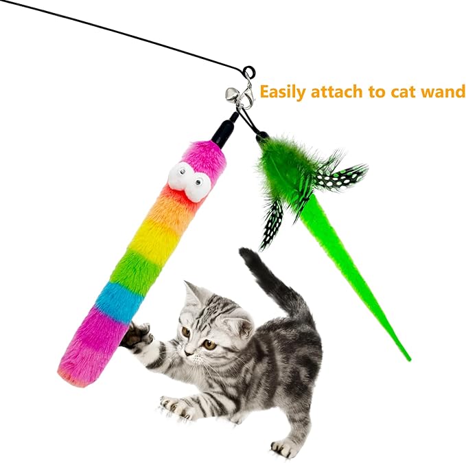 Cat Wand Replacement Feather Worm, 12 Pieces Cat Wand Attachments Assorted Worms Feathers Refill Toy for Indoor Cats