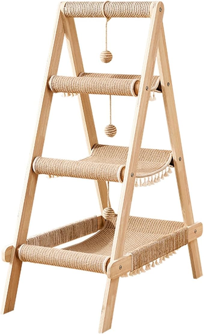 SHENGOCASE 3-Tier Modern A Frame Wooden Cat Tree Tower Ladder with Multi-Level Bed Hammock for Large Cat and Sctatching Post, Hanging Toy Ball (Beige)